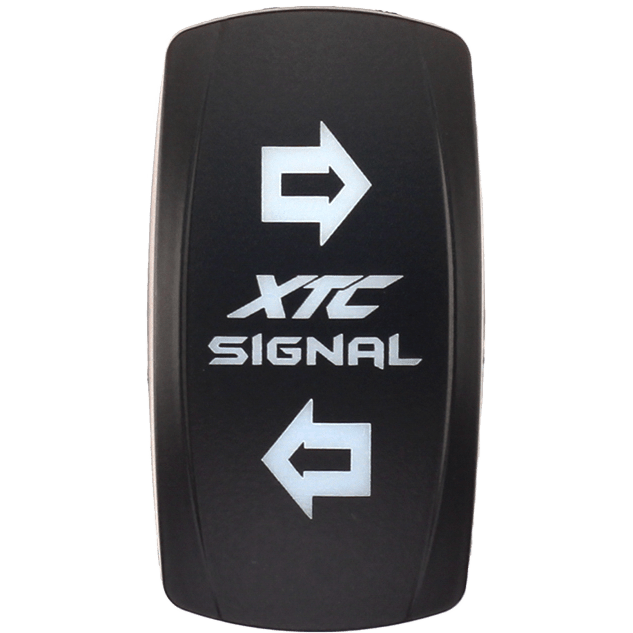 A black rectangular Dash Switch Rocker Face Turn Signal Vertical by XTC Power, labeled with white right and left arrow symbols above and below the text.