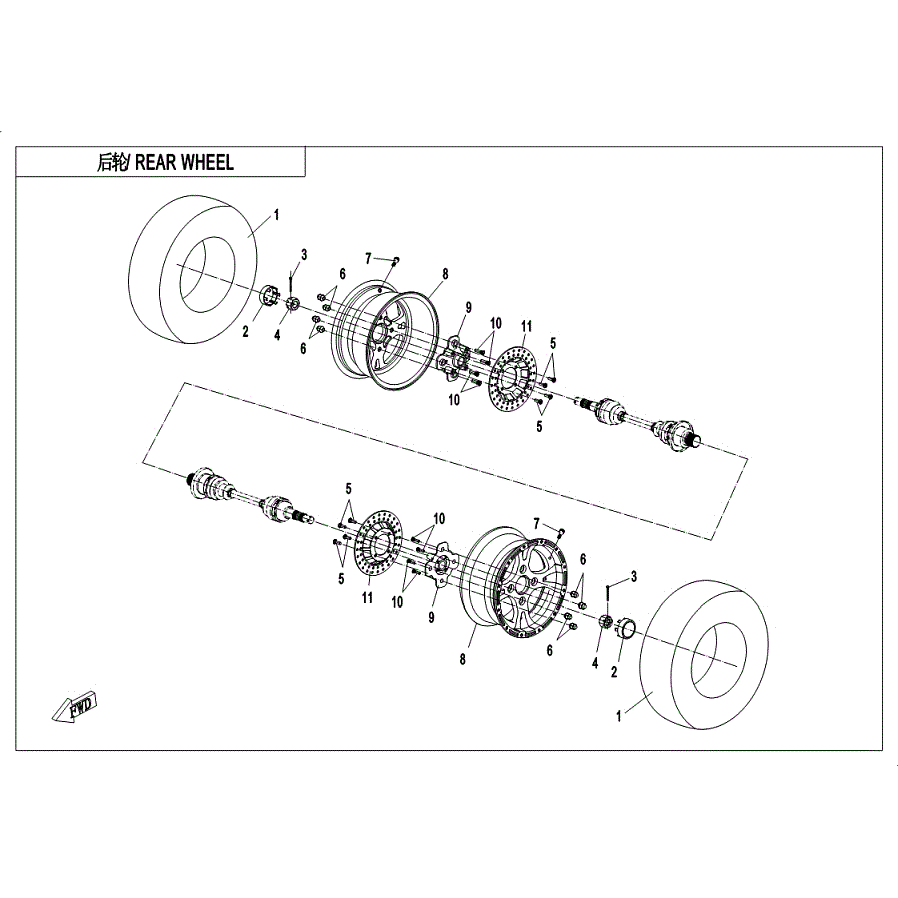 An Image of a Genuine CFMOTO Parts Schematic Diagram showing the schematic - REAR WHEEL (2018) - 2019 CFMOTO ZFORCE 800 Trail