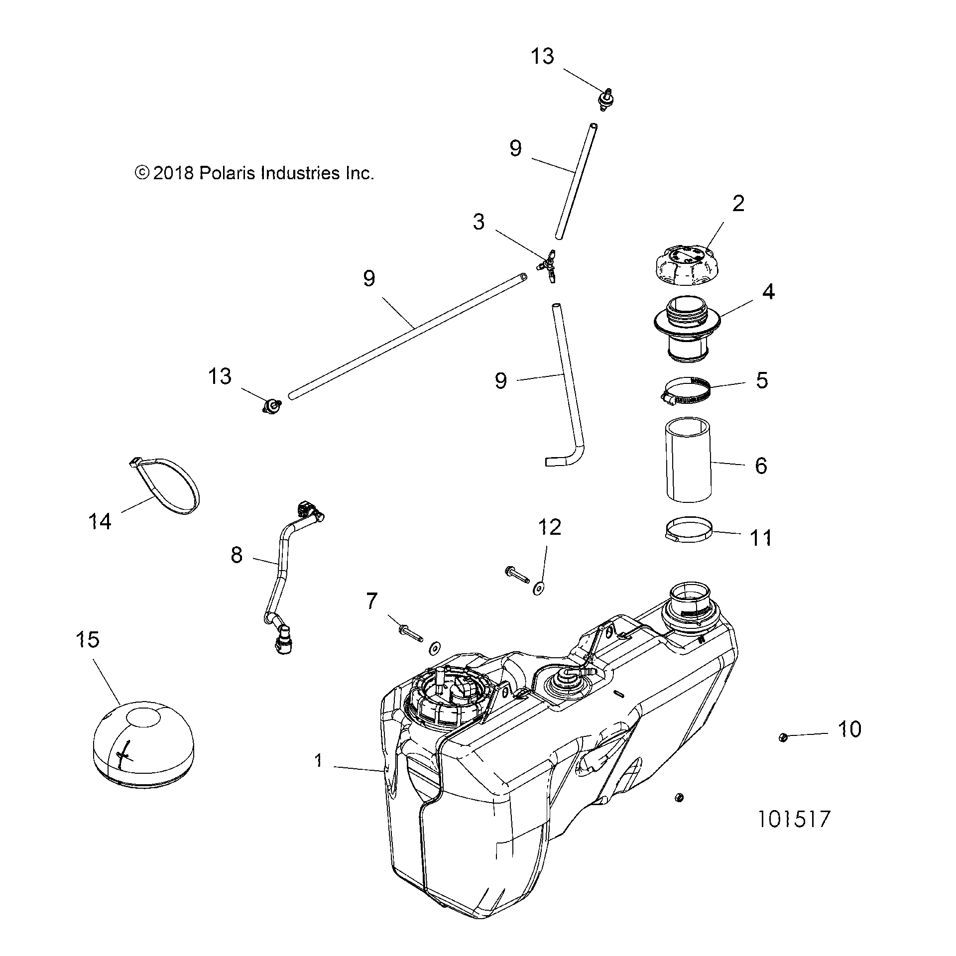 An Image of a Genuine Polaris Parts Schematic Diagram showing the schematic - BODY: FUEL TANK - 2018 POLARIS SPORTSMAN 850 HIGH LIFTER