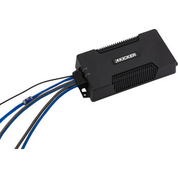 The Amplifier 600 with X 1 Mono by Kicker is a black Class-D subwoofer amp, shown on a white background with multiple blue, black, and gray wires extending from one side.