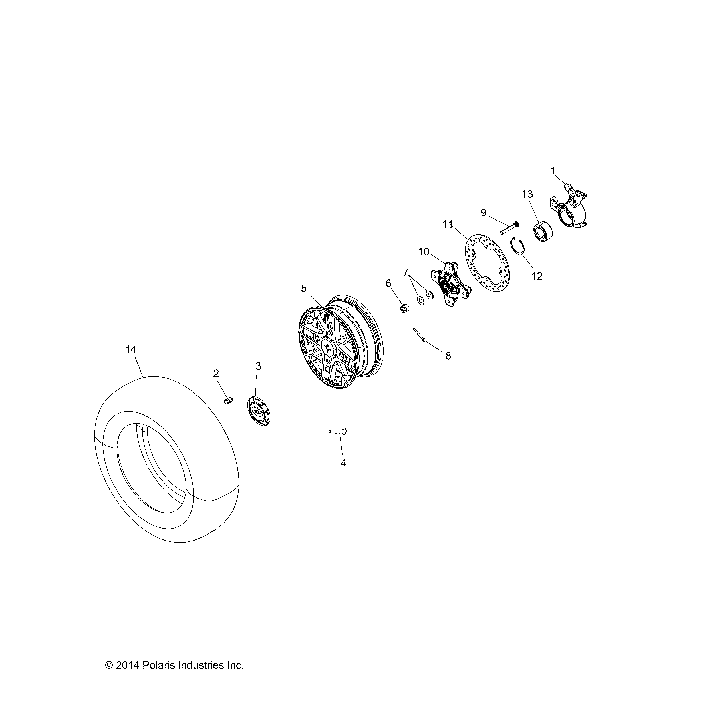 An Image of a Genuine Polaris Parts Schematic Diagram showing the schematic - WHEELS: FRONT and HUB - 2016 POLARIS SPORTSMAN TOURING 1000