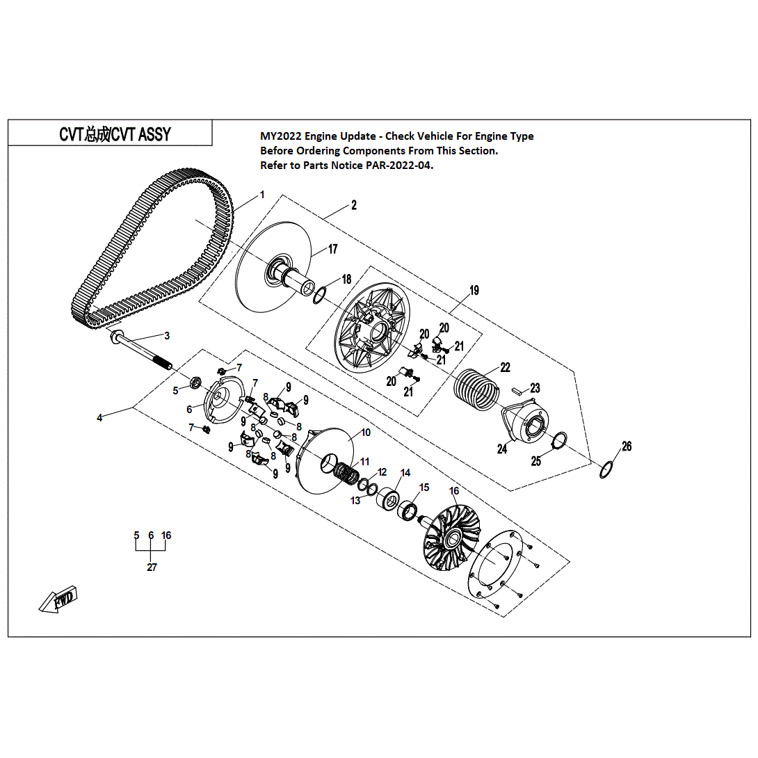 An Image of a Genuine CFMOTO Parts Schematic Diagram showing the schematic - CVT ASSEMBLY (CvTech) - 2022 CFMOTO ZFORCE 800 EX