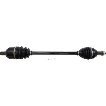 The Honda Talon Axle Kit Complete Standard Rear Left & Right 1000R by Moose Offroad, made of black chrome-moly steel with rubber boots and a metal pin, features precision-ground parts and is shown on a white background.
