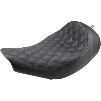 Black motorcycle solo seat with lattice diamond stitch pattern and contoured ergonomic shape.