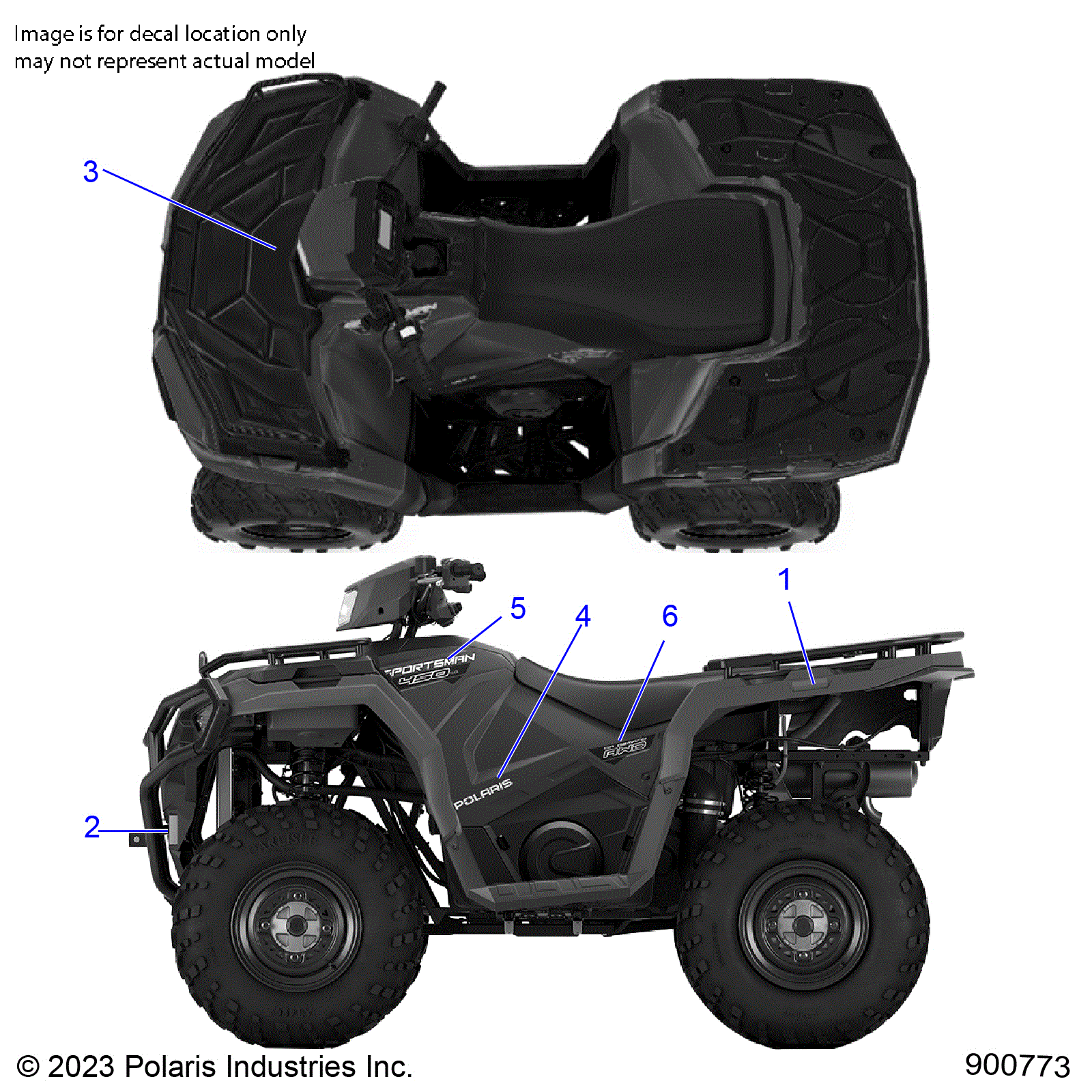 An Image of a Genuine Polaris Parts Schematic Diagram showing the schematic - BODY: DECALS GRAPHIC - 2025 POLARIS SPORTSMAN 450 HO UTILITY 50S
