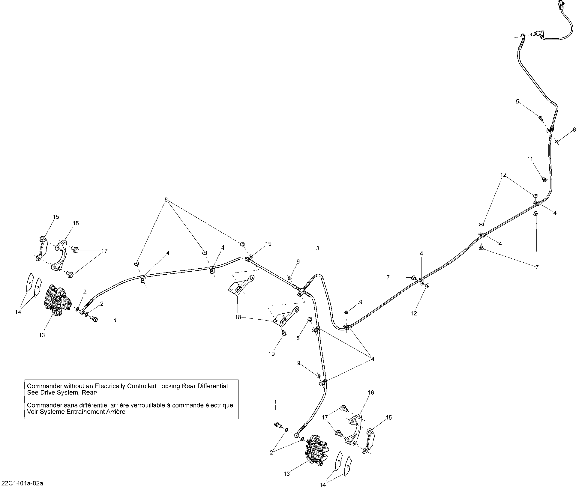 An Image of a Genuine Can-Am Parts Schematic Diagram showing the schematic - BRAKES - WITH LOCKING REAR DIFFERENTIAL_22C1402A