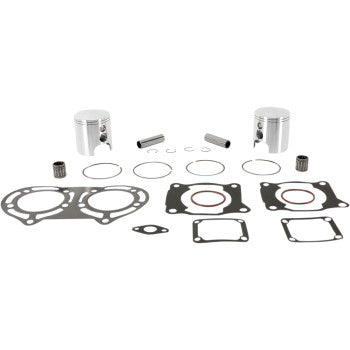 The Yamaha 350 Banshee YFZ Piston Kit with Gasket 64.50 mm by Wiseco includes two pistons, piston rings, gaskets, needle bearings, and small metal parts neatly arranged on a white background.