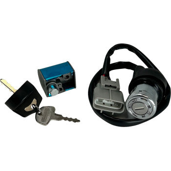 CF Moto ignition switch kit with black wiring harness, silver lock cylinder, two metal keys, and a small black and blue.