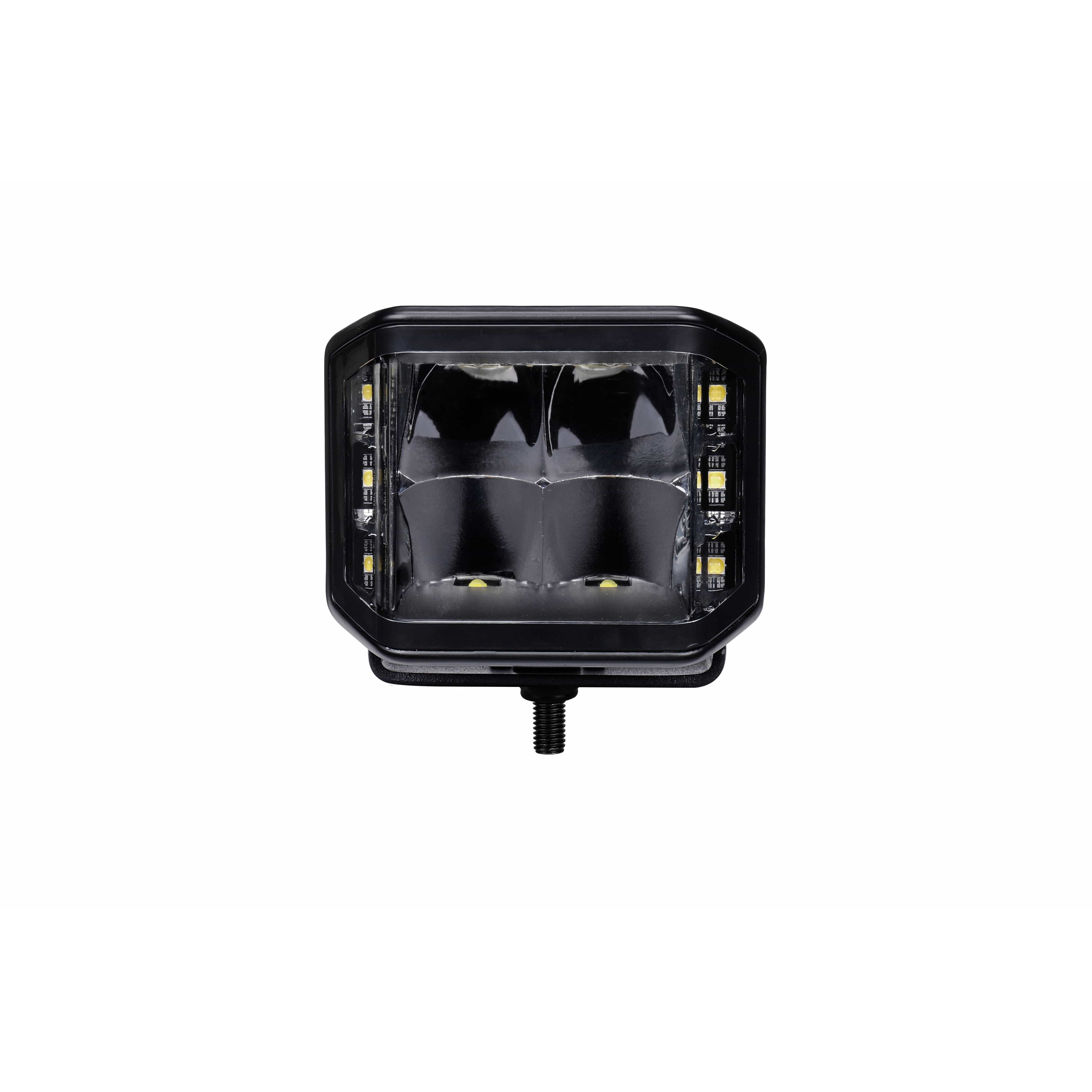 A close-up of the Stealth Side Shooter LED Pods Spot (Pr) by Open Trail, featuring high-intensity LEDs, black housing, clear lens, and visible internal elements, isolated on a white background.
