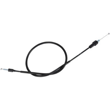 The Honda Black Vinyl Throttle Cable 34 by Moose Offroad features a steel inner casing and metal ends, ideal for motorcycle throttles. Shown coiled in a loose loop, its black PVC finish stands out against a white background.