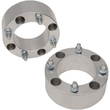 Silver metal wheel spacers with five studs and circular design for off-road vehicle wheels.
