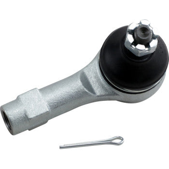 The Epi Tie Rod End Left & Right Outer features a silver finish with a black rubber boot, metal castle nut, and cotter pin. Shown on a white background, it offers OEM-quality and is designed for direct replacement fit.