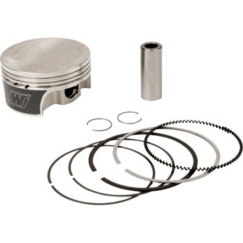 The Polaris RZR XP Turbo Piston Kit 92.91 mm by Prox includes a CNC machined piston, wrist pin, two circlips, and OEM piston rings—all displayed on a white background.