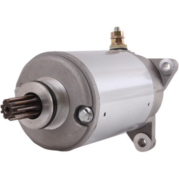 Close-up of the Starter Motor by Parts Unlimited featuring a cylindrical silver body, copper bushings, a protruding gear at one end, and mounting brackets on the casing.