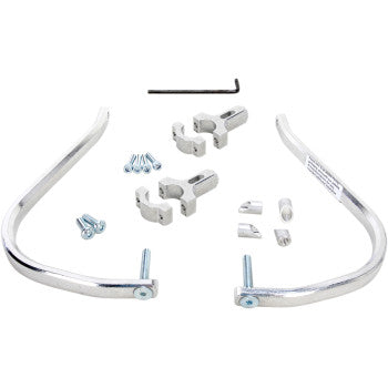 The Aluminum Handguards 1 1/8" Mini Silver by Moose Offroad include mounting brackets, screws, and an Allen wrench—made in the USA, perfect for protecting bicycle or motorcycle handlebars.
