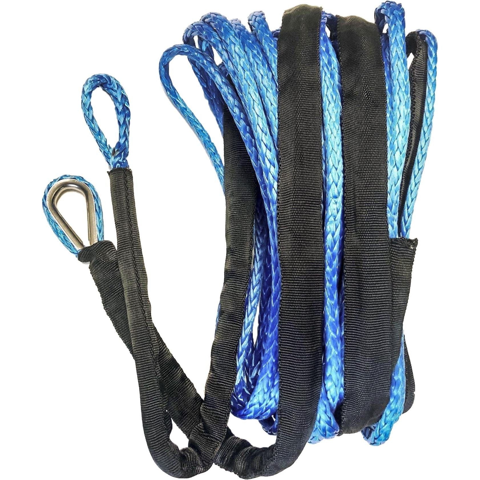 The Synthetic Winch Rope 3/16 Diameter X 50 Ft. Blue by Open Trail features black heat-resistant sleeves and stainless steel thimble loop ends, ideal for towing or recovery applications.