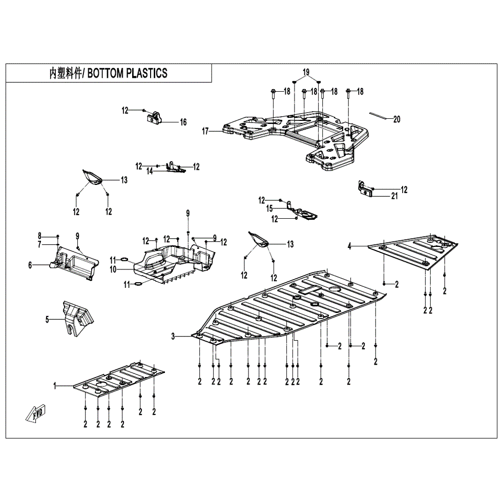 An Image of a Genuine CFMOTO Parts Schematic Diagram showing the schematic - BOTTOM PLASTICS - 2022 CFMOTO ZFORCE 950 HO Sport
