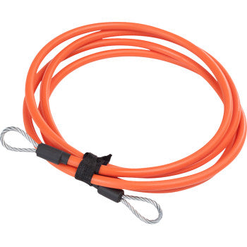 The QuickLoop Security Cable 84" by Giant Loop is an orange, high-visibility, vinyl-sheathed cable with looped steel ends, neatly coiled and secured with a black Velcro strap—perfect for bike protection.