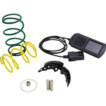 Dynojet Polaris Stage 2 Power Package Kit with green and yellow clutch springs, black handheld tuner with screen and cable,.