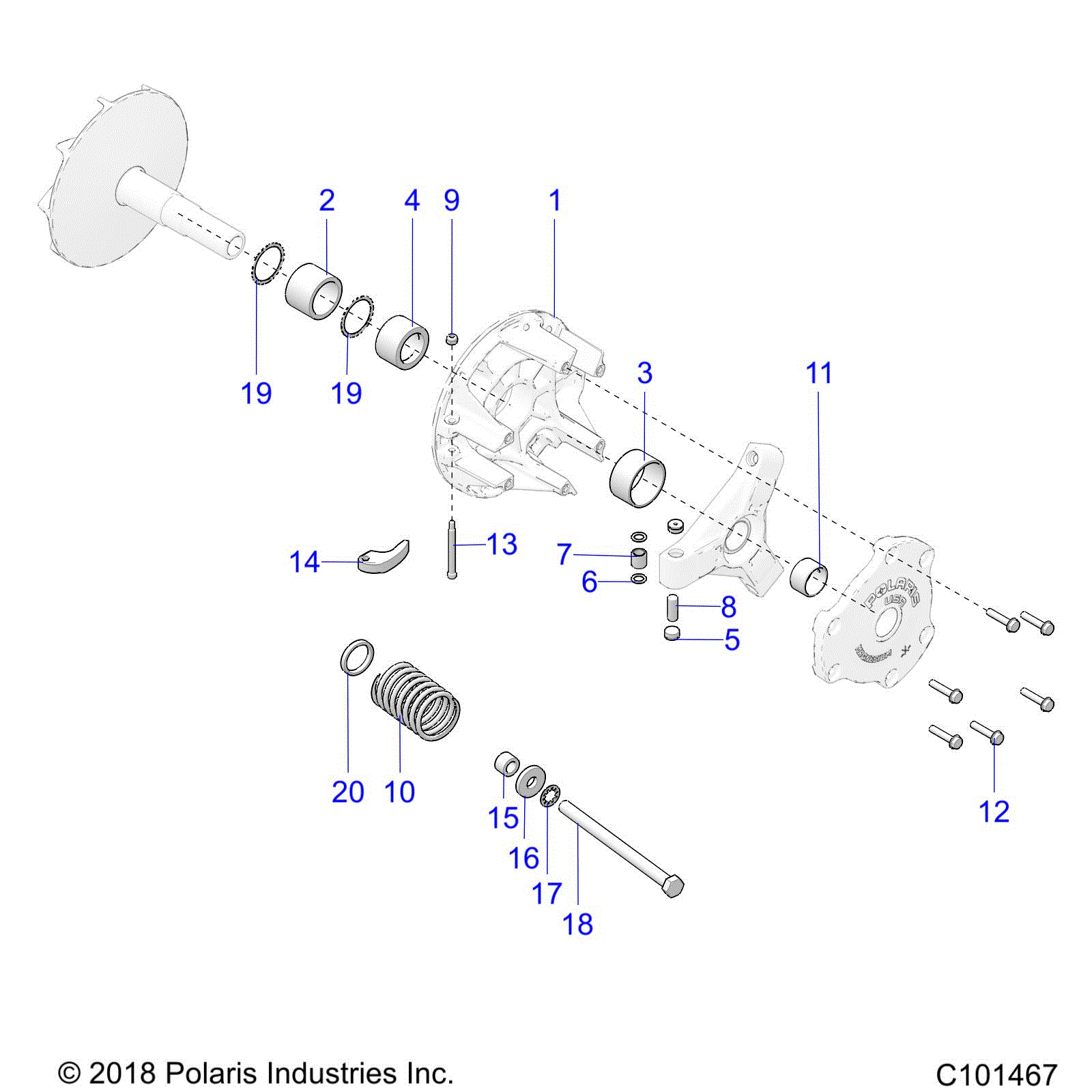 An Image of a Genuine Polaris Parts Schematic Diagram showing the schematic - DRIVE TRAIN: PRIMARY CLUTCH - 2021 POLARIS SPORTSMAN 850 48"
