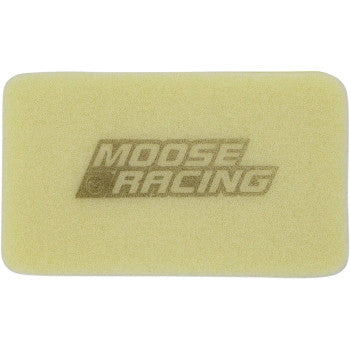 The Polaris Air Filter by Moose Offroad is a rectangular yellow foam filter featuring Moose Racing in gray lettering across the center, designed to provide maximum protection.