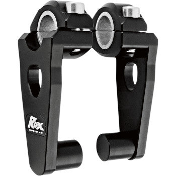 The Rox Speed FX Elite Pivoting Handlebar Risers 3 1/2, in black with silver bolts, fit 7/8 and 1-1/8 motorcycle or ATV handlebars. They feature pivoting clamps and display the Rox Speed FX logo on one side.