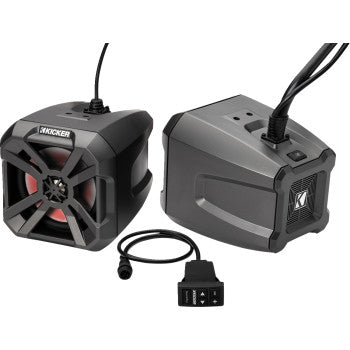 6 1/2" Speaker Power Cans Bluetooth Amplified by Kicker: black speakers with angular design, red inner rings, attached cables, weather-proof enclosures, and a separate small control module with buttons.