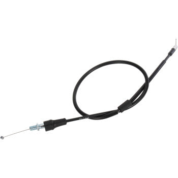 The Yamaha Black Vinyl Throttle Cable by Moose Offroad features a black PVC outer jacket, metal tips on each end, a round stopper, and a pre-lubricated nylon inner sleeve for smooth throttle operation on motorcycles.