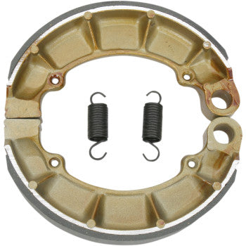 Brake Shoes by Ebc: Circular die-cast aluminum shoes with grooves and two black springs positioned side by side in the center.
