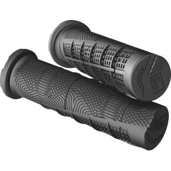 The ATV Deuce Grips Black by Scott feature textured patterns for a squishy, comfortable grip, with both side and end designs highlighted to ensure no-slip handling and reduced vibration. One grip is flat; the other is positioned diagonally on top.