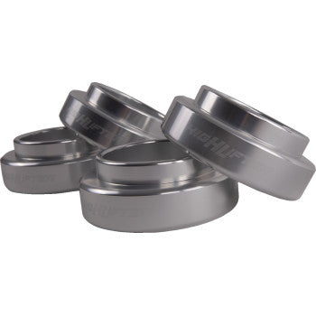 Five silver, cylindrical spacers of different sizes are displayed on a white background—essential parts included in the High Lifter Lift Kit 2.00 to help increase your ATV’s ground clearance.