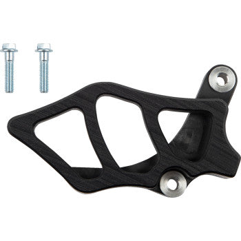 The Yamaha Case Saver Sprocket Cover Black by T.M. Designworks is a black, angular metal sprocket cover and chain guide with two mounting holes, shown with two silver bolts on a white background.
