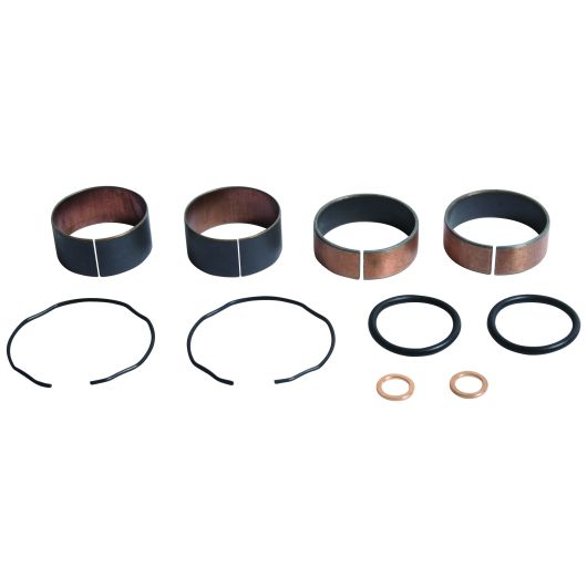 Set of four black and copper fork bushings, two snap rings, two O-rings, and two copper washers arranged in a row on a white