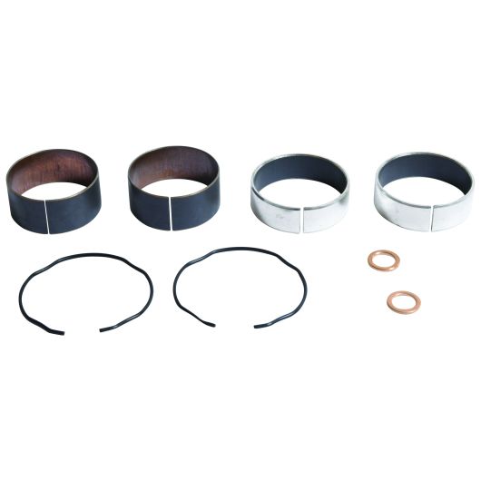 Set of four metallic fork bushings with two black snap rings and two copper washers on a white background.