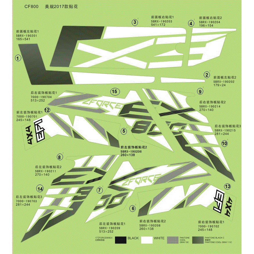 An Image of a Genuine CFMOTO Parts Schematic Diagram showing the schematic - DECAL KIT (USA) - 2017 CFMOTO ZFORCE 800 EX
