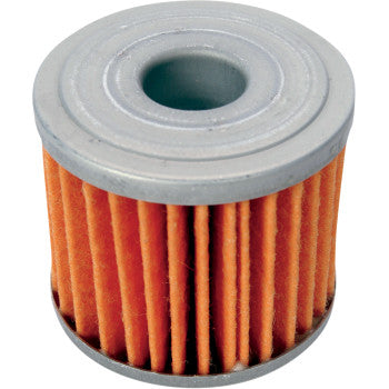 The Honda Oil Filter by Twin Air is a cylindrical orange pleated filter with silver metal caps and a central hole, crafted from high-quality paper for superior protection.
