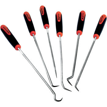 The Hook & Pick 6 Piece Set by Performance Tool features six metal tools with double-injection-molded handles and unique angled or hooked tips, all arranged in a fan shape for organized, precise, and easy detailed work.