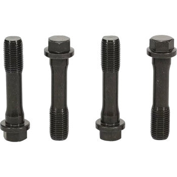 Set of four black metal connecting rod bolts with hexagonal heads and threaded ends.