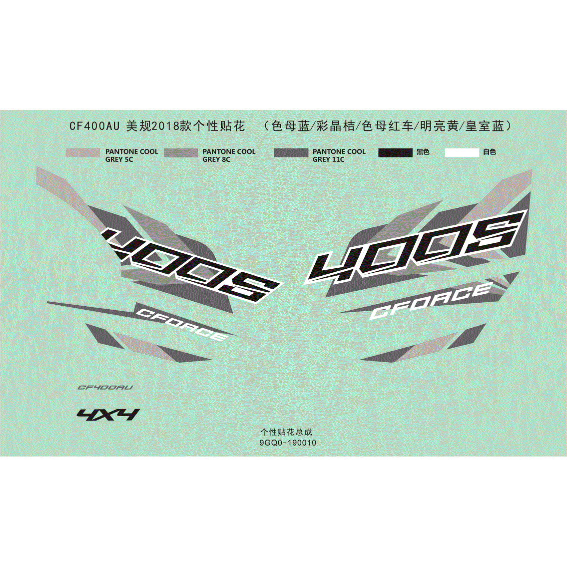 An Image of a genuine CFMOTO Parts Schematic Diagram showing the group - DECAL KIT (USA - 2018 CFMOTO CFORCE 400