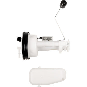 White plastic Suzuki fuel pump module assembly with black top and metal fuel level arm.