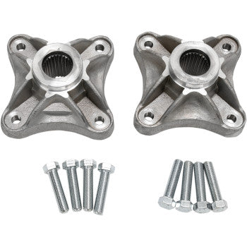 Shown are two Dura Blue Kawasaki-Suzuki-Arctic Cat Rear Standard 26 Spline 4/110 aluminum wheel hubs with steel inserts, each with four mounting holes and a central splined opening. Eight bolts are grouped below the hubs.