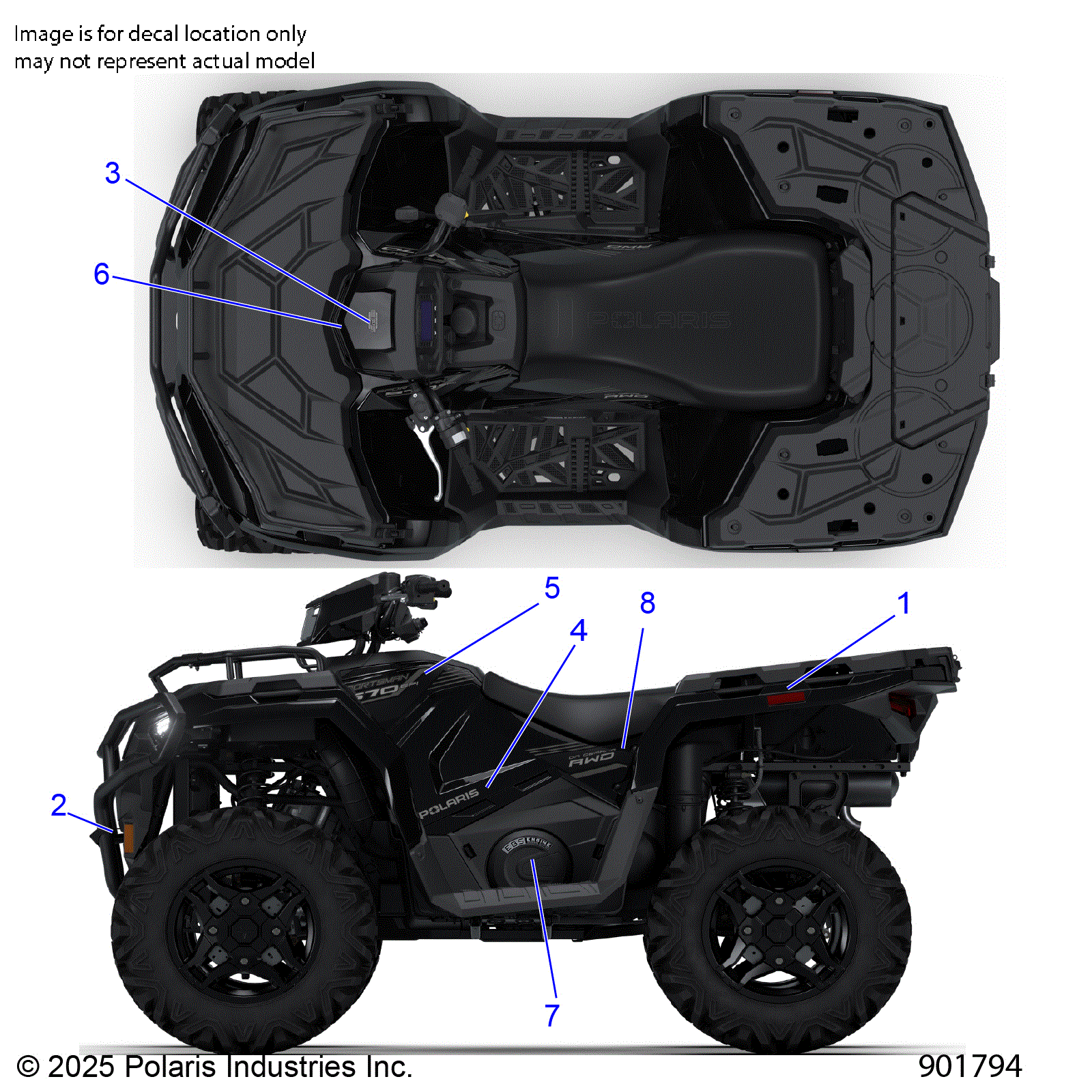 An Image of a Genuine Polaris Parts Schematic Diagram showing the schematic - BODY: DECALS GRAPHIC - 2026 POLARIS SPORTSMAN 570 EPS TRAIL