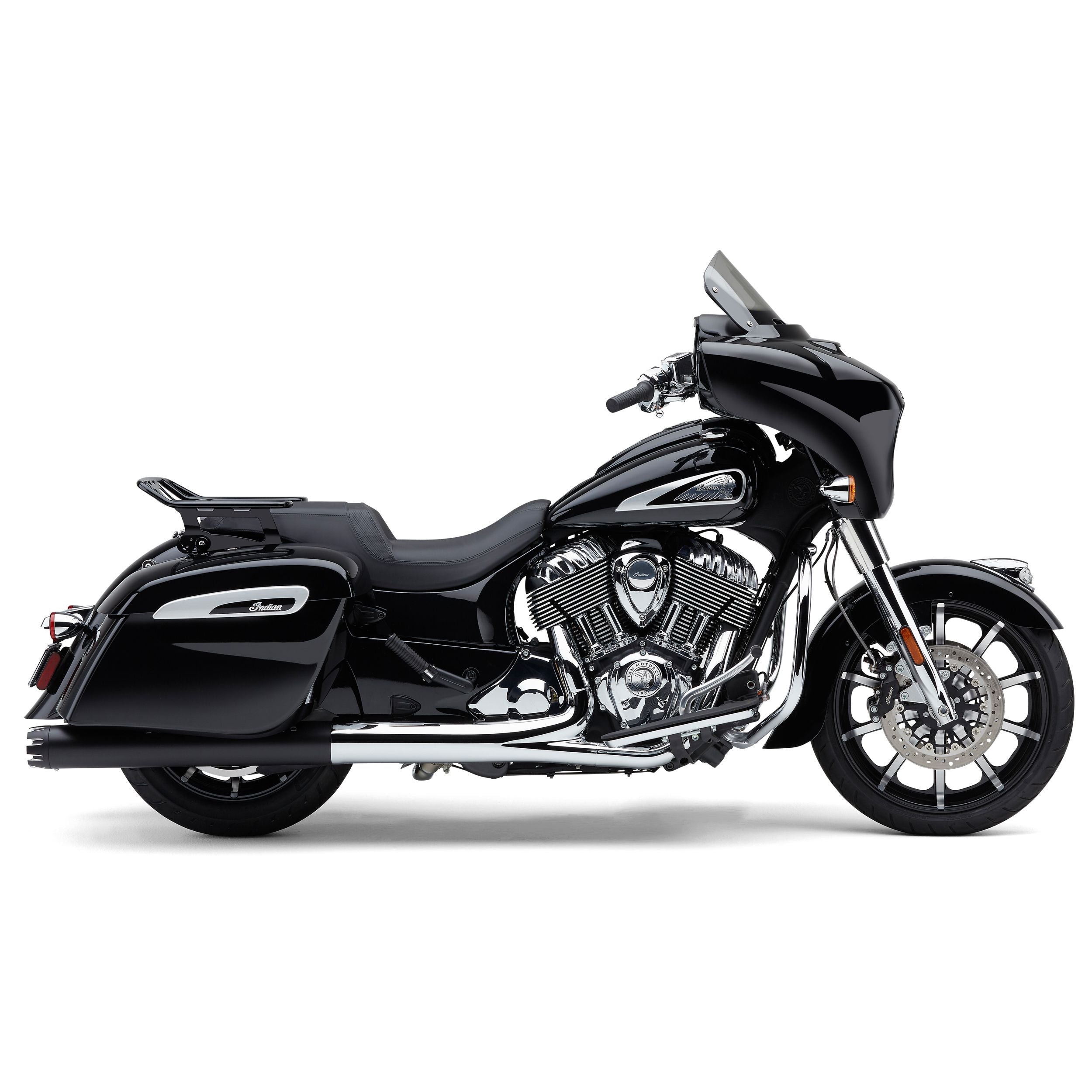 A black Indian touring motorcycle with Gen-1 saddlebags features Cobra's 4" Neighbor Hater Slip-On Exhaust in black, chrome accents, large front fairing, windshield, and comfy seating, shown from the side on a white background.