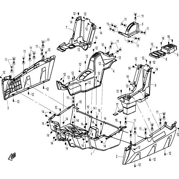 An Image of a Genuine CFMOTO Parts Schematic Diagram showing the schematic - PLASTIC III - 2015 CFMOTO ZFORCE 600