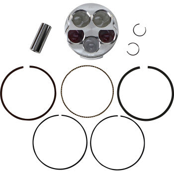 Chrome piston with four valve reliefs, three black piston rings, one gold-colored oil control ring, wrist pin, and two.