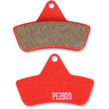 Two Sport Carbon Brake Pads by Ebc are shown: one displays a brown friction surface, the other shows a solid red backing with white text PE2809. Both offroad pads have a small hole for mounting.