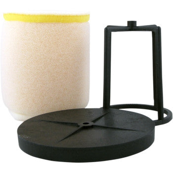The Suzuki Foam Air Filter with Cage by No Toil features a yellow-topped cylindrical foam filter, a round black plastic base, and a black frame, all shown on a white background as part of an effective air filtration system.