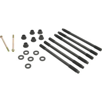The Stud Kit Cylinder by Cylinder Works includes six black corrosion-resistant threaded rods, washers, nuts, and two gold-colored bolts for cylinder head use, all arranged neatly on a white background.
