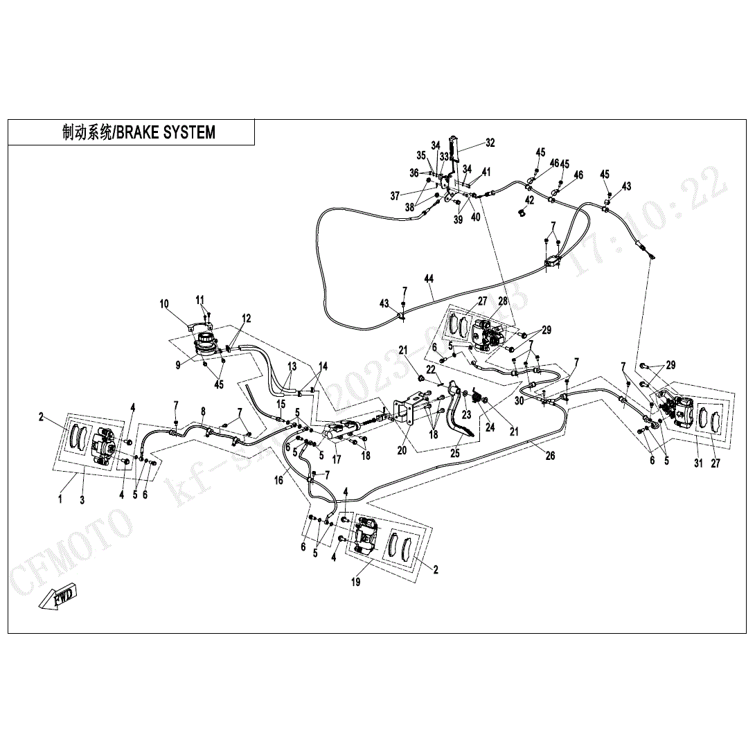 An Image of a Genuine CFMOTO Parts Schematic Diagram showing the schematic - BRAKE SYSTEM - 2024 CFMOTO UFORCE 600
