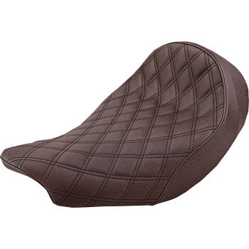 The Indian Renegade Solo Seat - Lattice Stitched - Brown by Saddlemen fits Indian 2014-2024 motorcycles, features a gently curved design, visible seam lattice stitching, and GelCore technology for superior comfort.